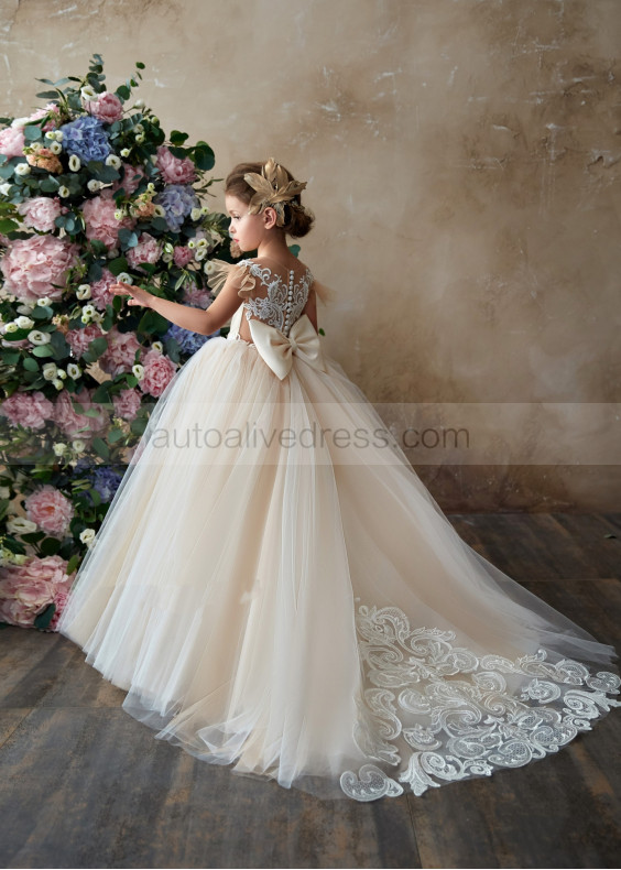 Feifei Sleeves Ivory And Cappuccino Lace Tulle Illusion Back Flower Girl Dress
